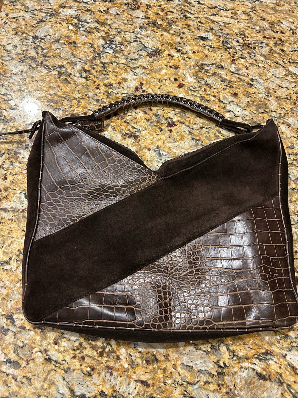Donald J Pliner Vanessa Brown Suede Croc Embossed Chain Hobo Shoulder Bag